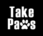 Take Paws logo with a paw print for the "w"